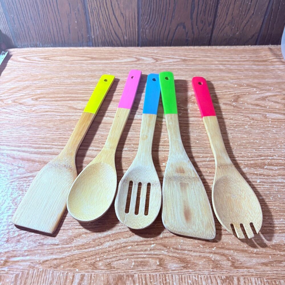 5 Piece Bamboo Utensil Set, Wooden Rainbow Colored